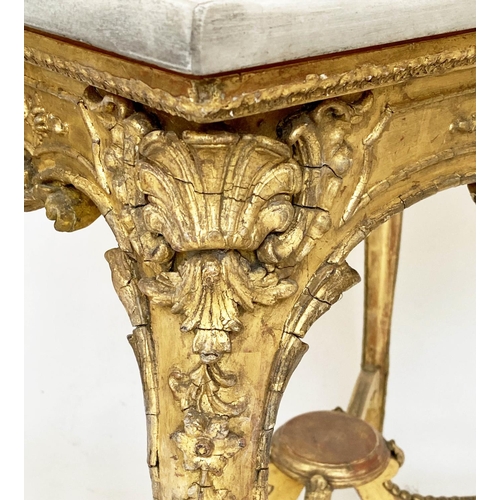 298 - CENTRE TABLE, 19th century Italian, giltwood and gesso, with shell and C scroll decoration, marble t... 