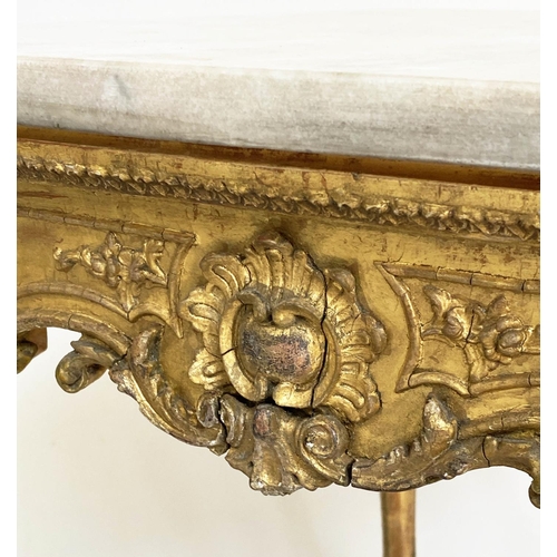 298 - CENTRE TABLE, 19th century Italian, giltwood and gesso, with shell and C scroll decoration, marble t... 