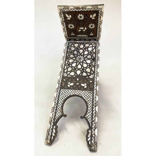 299 - KORAN STAND, 19th century Moorish hardwood, profusely inset with mother of pearl and bone, 96cm W x ... 