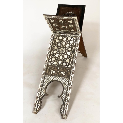 299 - KORAN STAND, 19th century Moorish hardwood, profusely inset with mother of pearl and bone, 96cm W x ... 