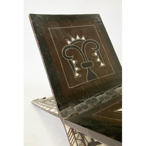 299 - KORAN STAND, 19th century Moorish hardwood, profusely inset with mother of pearl and bone, 96cm W x ... 