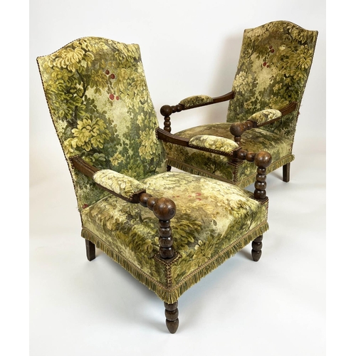 97 - ARMCHAIRS, a pair, French bobbin turned beech framed upholstered, stamped to base 'Atelier du fauteu... 