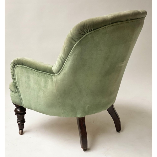 98 - ARMCHAIR, Victorian mahogany, with moss green button upholstered back and arms, 68cm W.