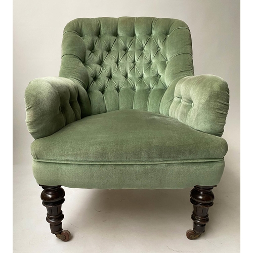 98 - ARMCHAIR, Victorian mahogany, with moss green button upholstered back and arms, 68cm W.