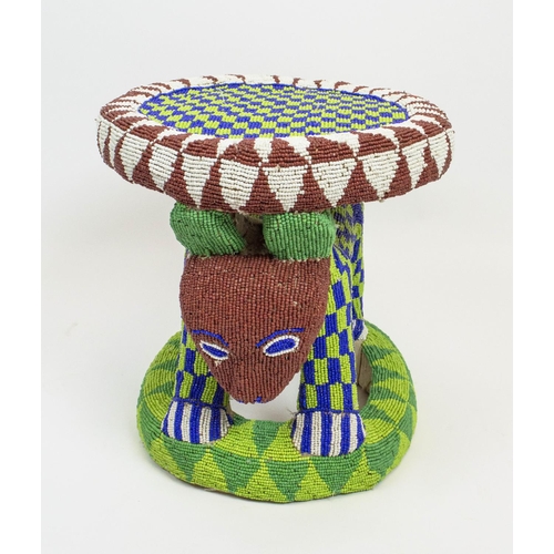 10 - BAMILEKE STOOL/TABLE, Cameroon, multi coloured beaded decoration, 50cm diam x 46cm H.