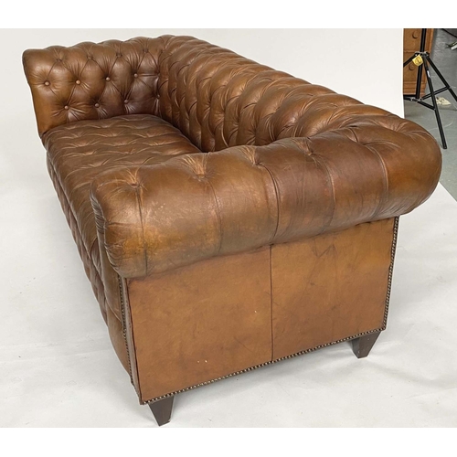 125 - CHESTERFIELD SOFA BY HALO, natural deep buttoned tan hide leather with curved back and arms (stamped... 