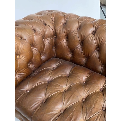 125 - CHESTERFIELD SOFA BY HALO, natural deep buttoned tan hide leather with curved back and arms (stamped... 