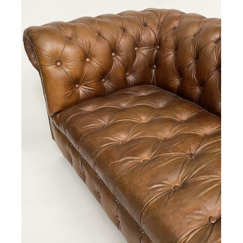 125 - CHESTERFIELD SOFA BY HALO, natural deep buttoned tan hide leather with curved back and arms (stamped... 