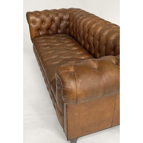 125 - CHESTERFIELD SOFA BY HALO, natural deep buttoned tan hide leather with curved back and arms (stamped... 