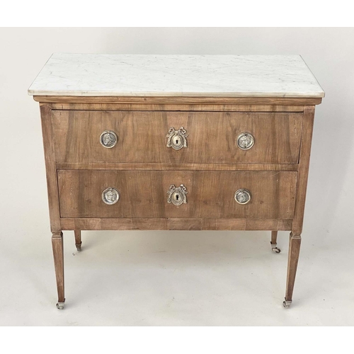 128 - ITALIAN COMMODE, late 19th century figured walnut with two long drawers and carrara white marble top... 