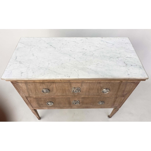 128 - ITALIAN COMMODE, late 19th century figured walnut with two long drawers and carrara white marble top... 