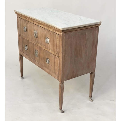 128 - ITALIAN COMMODE, late 19th century figured walnut with two long drawers and carrara white marble top... 