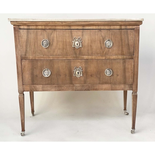 128 - ITALIAN COMMODE, late 19th century figured walnut with two long drawers and carrara white marble top... 