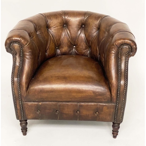 130 - LIBRARY ARMCHAIR, Alexander & James deep buttoned mid brown leather with bow back, 82cm W.