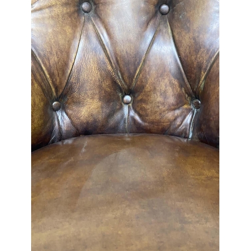 130 - LIBRARY ARMCHAIR, Alexander & James deep buttoned mid brown leather with bow back, 82cm W.