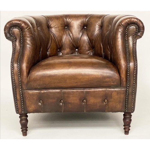 130 - LIBRARY ARMCHAIR, Alexander & James deep buttoned mid brown leather with bow back, 82cm W.