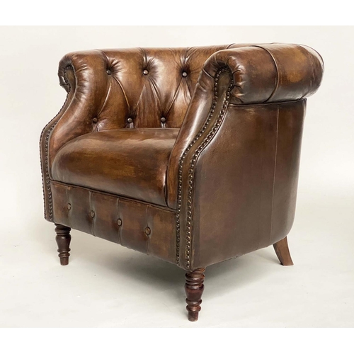 130 - LIBRARY ARMCHAIR, Alexander & James deep buttoned mid brown leather with bow back, 82cm W.