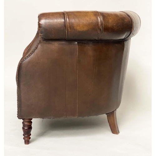 130 - LIBRARY ARMCHAIR, Alexander & James deep buttoned mid brown leather with bow back, 82cm W.