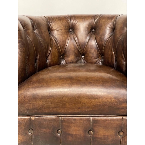 130 - LIBRARY ARMCHAIR, Alexander & James deep buttoned mid brown leather with bow back, 82cm W.