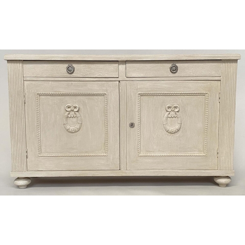 131 - SIDE CABINET, 19th century Gustavian traditionally grey painted with two frieze drawers above two pa... 