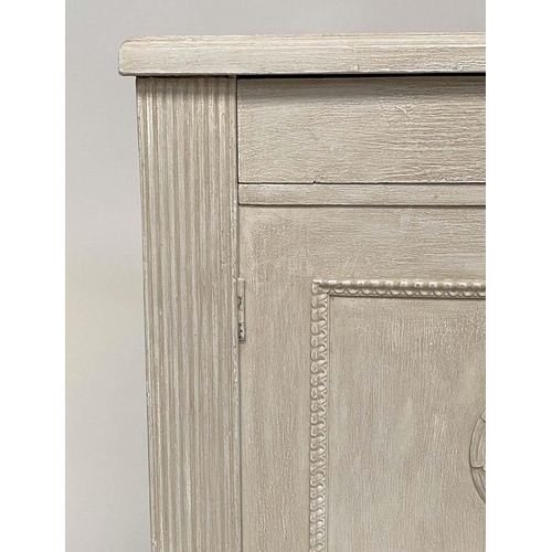 131 - SIDE CABINET, 19th century Gustavian traditionally grey painted with two frieze drawers above two pa... 