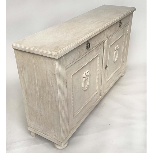 131 - SIDE CABINET, 19th century Gustavian traditionally grey painted with two frieze drawers above two pa... 