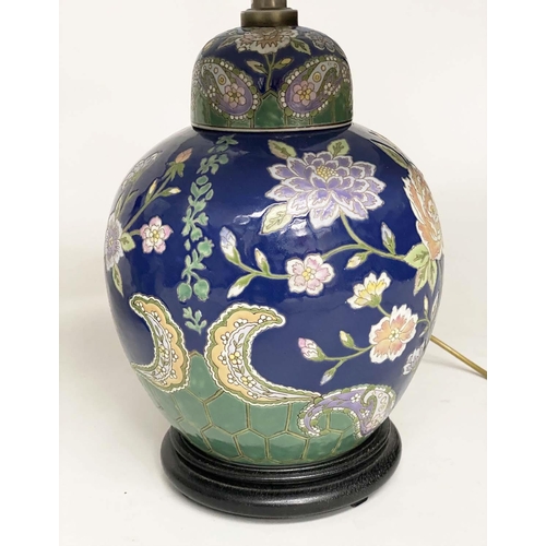 140 - TABLE LAMPS, a pair, Chinese lidded ginger jar form, ceramic with blossom, blue and emerald green gr... 