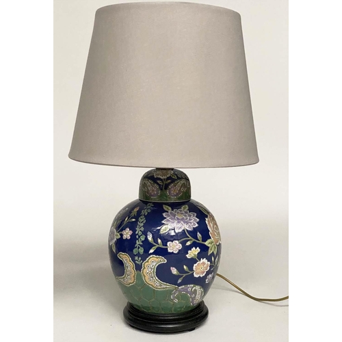 140 - TABLE LAMPS, a pair, Chinese lidded ginger jar form, ceramic with blossom, blue and emerald green gr... 