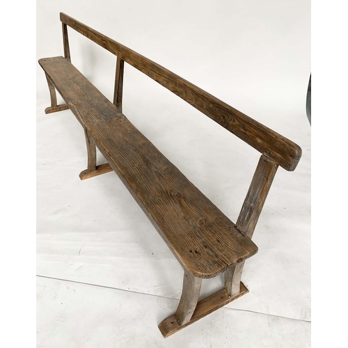 142 - HALL SEAT, vintage country pine rectangular with raised back, 240cm W.