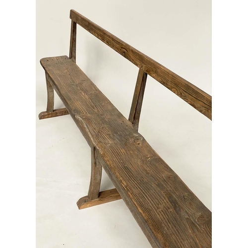 142 - HALL SEAT, vintage country pine rectangular with raised back, 240cm W.