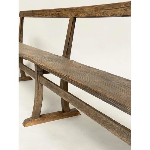 142 - HALL SEAT, vintage country pine rectangular with raised back, 240cm W.