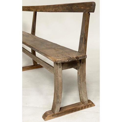 142 - HALL SEAT, vintage country pine rectangular with raised back, 240cm W.