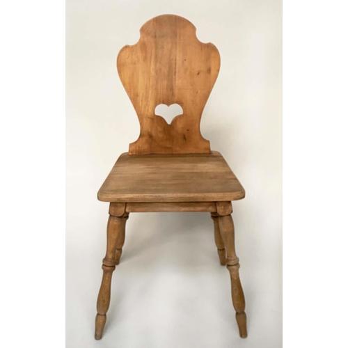 144 - SWISS HALL CHAIRS, a pair, early 20th century pine, each with shaped pierced back and cleated seat, ... 