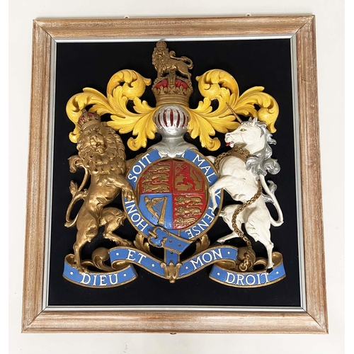 146 - ROYAL COAT OF ARMS, resin modelled and hand painted in limewood and silver slip frame, 84cm W x 94cm... 