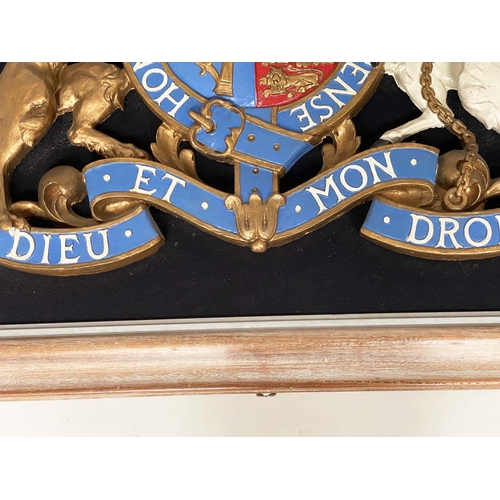 146 - ROYAL COAT OF ARMS, resin modelled and hand painted in limewood and silver slip frame, 84cm W x 94cm... 