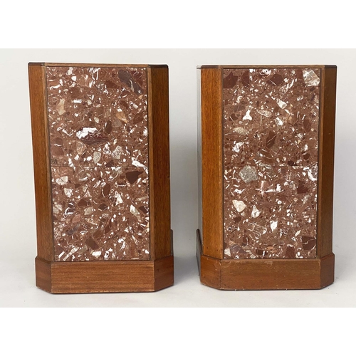 150 - PLINTHS, a pair, Art Deco rosso terrazzo panelled brass bound with canted corners and plinth, 43cm x... 