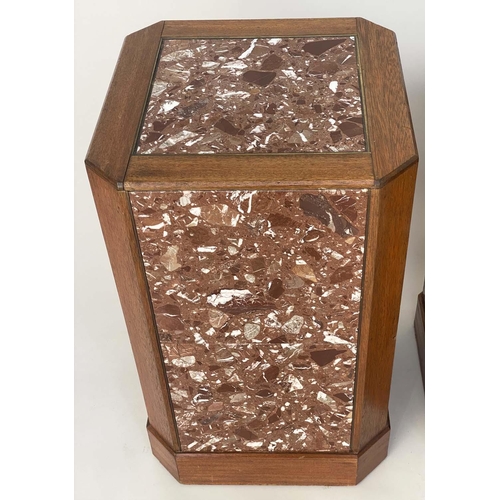 150 - PLINTHS, a pair, Art Deco rosso terrazzo panelled brass bound with canted corners and plinth, 43cm x... 