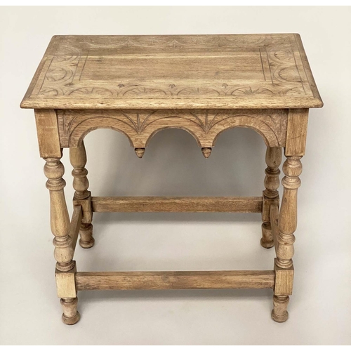 151 - LAMP/CENTRE TABLE, early 20th century oak rectangular with Gothic carrying and stretchered support, ... 