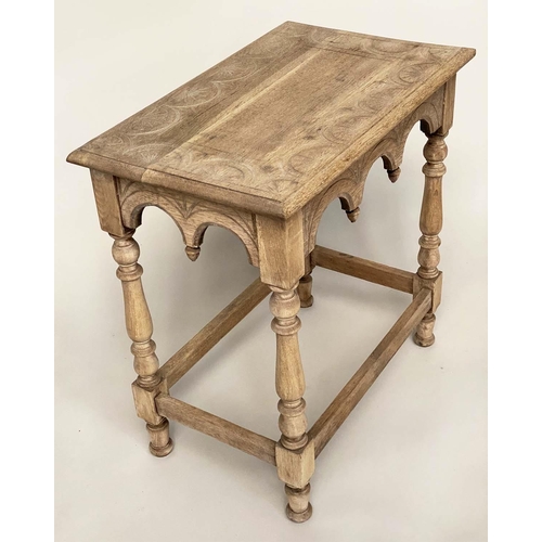 151 - LAMP/CENTRE TABLE, early 20th century oak rectangular with Gothic carrying and stretchered support, ... 