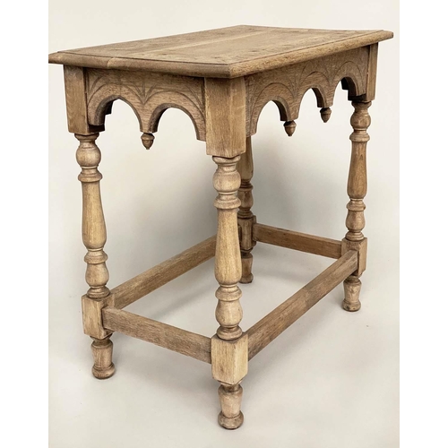 151 - LAMP/CENTRE TABLE, early 20th century oak rectangular with Gothic carrying and stretchered support, ... 