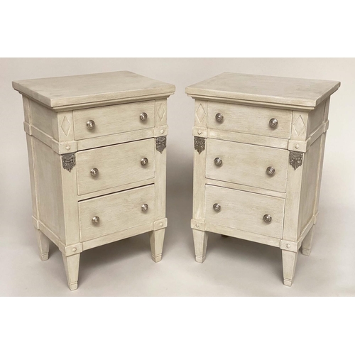 152 - BEDSIDE CHESTS, a pair, Gustavian style grey painted, each with four drawers and square tapering sup... 