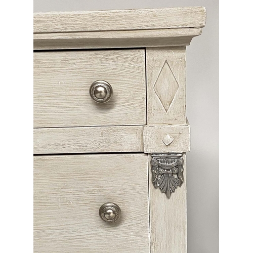 152 - BEDSIDE CHESTS, a pair, Gustavian style grey painted, each with four drawers and square tapering sup... 