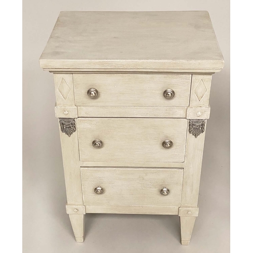 152 - BEDSIDE CHESTS, a pair, Gustavian style grey painted, each with four drawers and square tapering sup... 