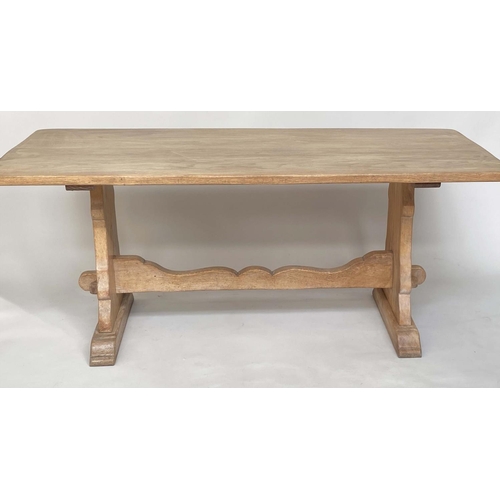 153 - REFECTORY TABLE, vintage oak rectangular planked with trestle supports united by a stretcher, 183cm ... 