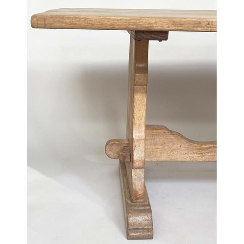 153 - REFECTORY TABLE, vintage oak rectangular planked with trestle supports united by a stretcher, 183cm ... 