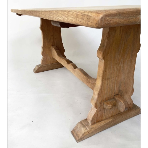 153 - REFECTORY TABLE, vintage oak rectangular planked with trestle supports united by a stretcher, 183cm ... 