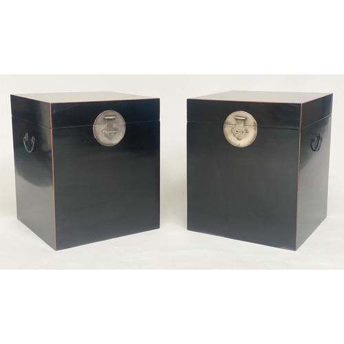 155 - TRUNK LAMP TABLES, a pair, Chinese black lacquered and silvered metal mounted, 50cm x 50cm x 60cm H.... 