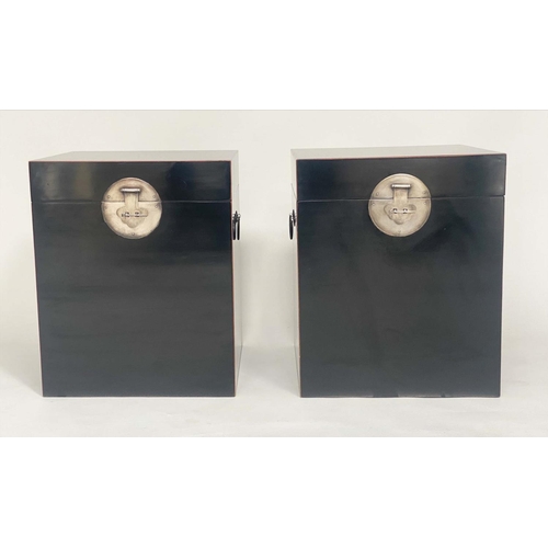 155 - TRUNK LAMP TABLES, a pair, Chinese black lacquered and silvered metal mounted, 50cm x 50cm x 60cm H.... 