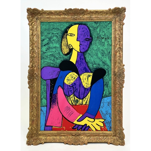 22 - AFTER PABLO PICASSO (Spanish 1881-1973) 'Seated Women', silk scarf, 74cm x 49cm, gilt framed.