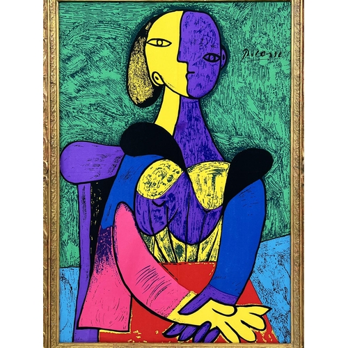 22 - AFTER PABLO PICASSO (Spanish 1881-1973) 'Seated Women', silk scarf, 74cm x 49cm, gilt framed.